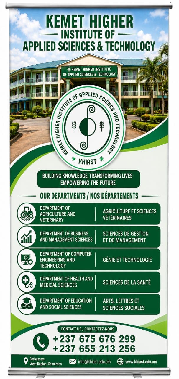 KHIAST institutional flyer showing the five departments and contact information